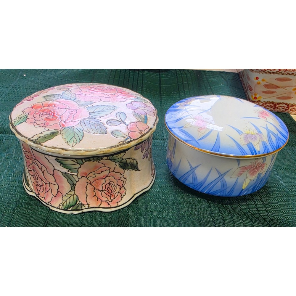 Vintage Floral Ceramic Trinket Box Set O.M.C. Japan Porcelain Rose Iris 2pc